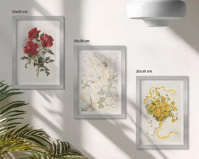3 paveikslų rinkinys su rėmais raudonos rožės, balta figūra ir geltonos gėlės vazoje