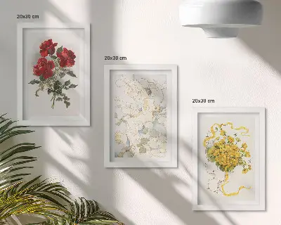 3 paveikslų rinkinys su rėmais raudonos rožės, balta figūra ir geltonos gėlės vazoje