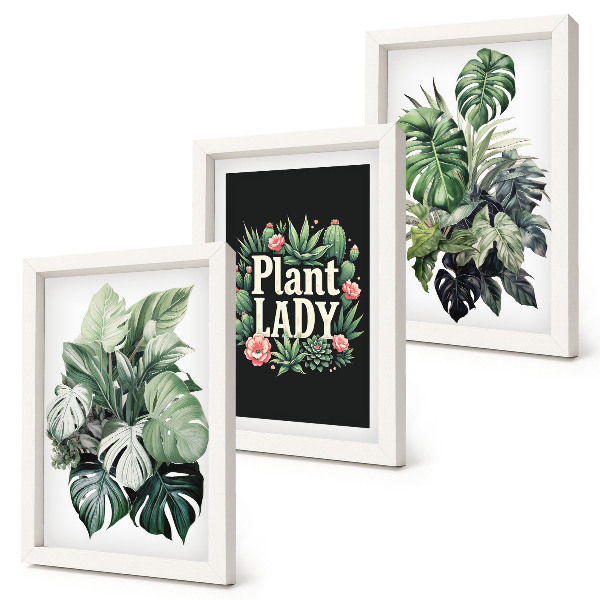 Įrėmintų paveikslų rinkinys Tropiniai augalai su žaliu užrašu „Plant Lady“