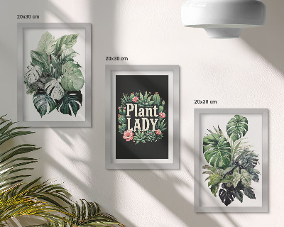 Įrėmintų paveikslų rinkinys Tropiniai augalai su žaliu užrašu „Plant Lady“