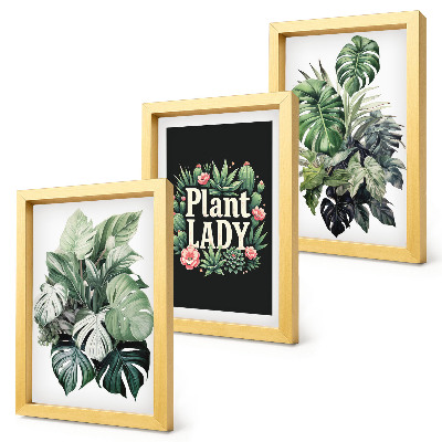 Įrėmintų paveikslų rinkinys Tropiniai augalai su žaliu užrašu „Plant Lady“
