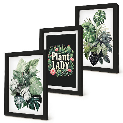 Įrėmintų paveikslų rinkinys Tropiniai augalai su žaliu užrašu „Plant Lady“