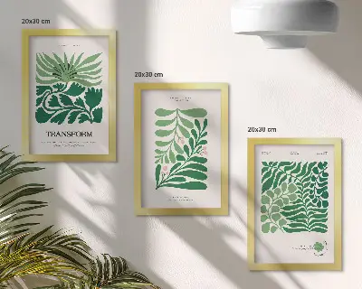 Įrėmintų paveikslų rinkinys žalių lapų ir įvairių formų augalų motyvais