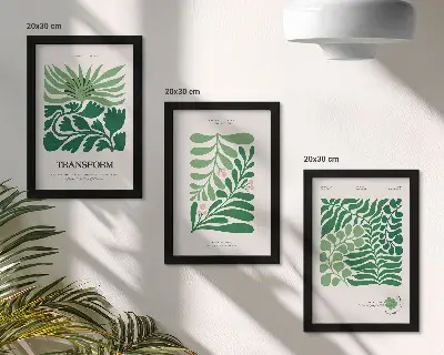 Įrėmintų paveikslų rinkinys žalių lapų ir įvairių formų augalų motyvais