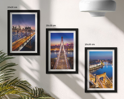 3 paveikslų rinkinys su rėmais Naktiniai miestų vaizdai su tiltais ir upėmis