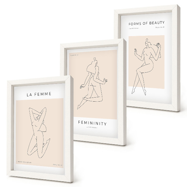 3 paveikslų rinkinys su rėmais Linijiniai moterų siluetai minimalistiniuose plakatuose