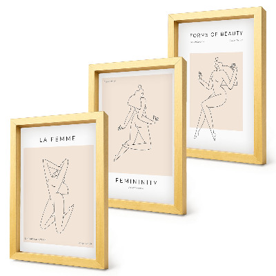 3 paveikslų rinkinys su rėmais Linijiniai moterų siluetai minimalistiniuose plakatuose