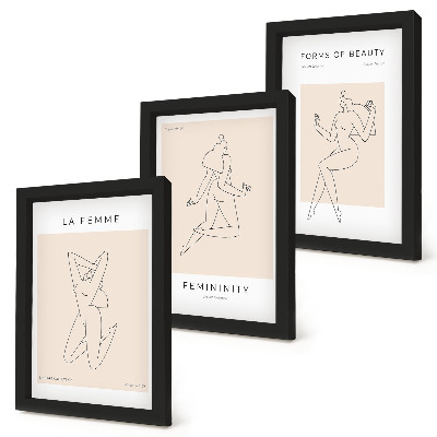 3 paveikslų rinkinys su rėmais Linijiniai moterų siluetai minimalistiniuose plakatuose