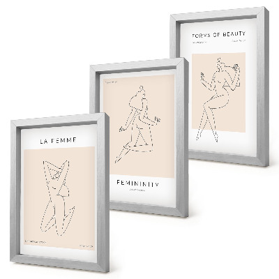 3 paveikslų rinkinys su rėmais Linijiniai moterų siluetai minimalistiniuose plakatuose