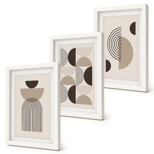 3 paveikslų rinkinys su rėmais abstrakčių geometrinių raštų minimalizmo stiliaus