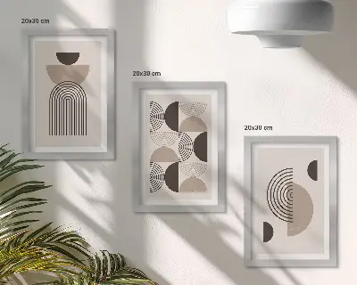 3 paveikslų rinkinys su rėmais abstrakčių geometrinių raštų minimalizmo stiliaus