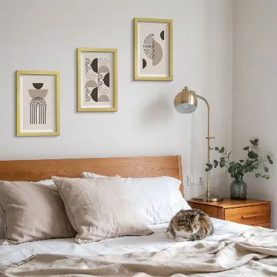 3 paveikslų rinkinys su rėmais abstrakčių geometrinių raštų minimalizmo stiliaus
