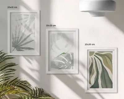 Įrėmintų paveikslų rinkinys augalų lapai žaliais ir pilkais atspalviais