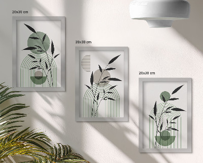 3 paveikslų rinkinys su rėmais Abstrakčios augalų kompozicijos, boho stilius