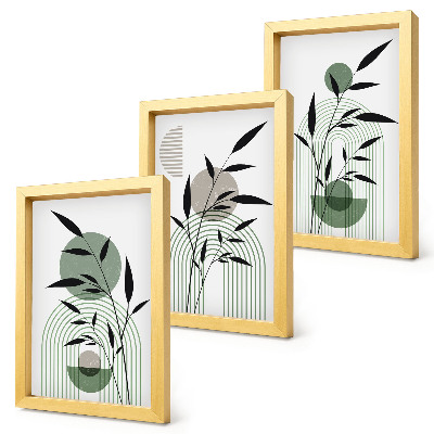 3 paveikslų rinkinys su rėmais Abstrakčios augalų kompozicijos, boho stilius