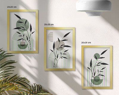3 paveikslų rinkinys su rėmais Abstrakčios augalų kompozicijos, boho stilius