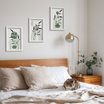3 paveikslų rinkinys su rėmais Abstrakčios augalų kompozicijos, boho stilius