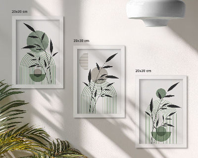 3 paveikslų rinkinys su rėmais Abstrakčios augalų kompozicijos, boho stilius