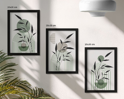 3 paveikslų rinkinys su rėmais Abstrakčios augalų kompozicijos, boho stilius