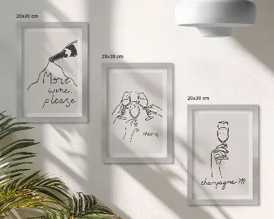 Įrėmintų paveikslų rinkinys su džiaugsmingomis vyno ir šampano linijinės grafikos iliustracijomis