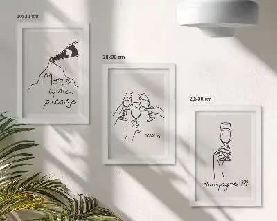 Įrėmintų paveikslų rinkinys su džiaugsmingomis vyno ir šampano linijinės grafikos iliustracijomis
