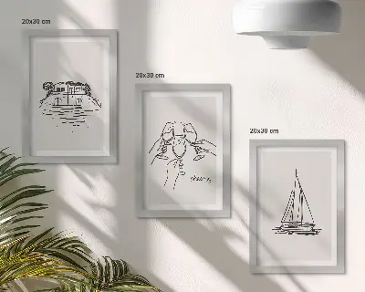 3 paveikslų rinkinys su rėmais vaizdai į namą prie vandens, tostą su taurėmis ir burlaivį