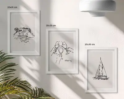 3 paveikslų rinkinys su rėmais vaizdai į namą prie vandens, tostą su taurėmis ir burlaivį