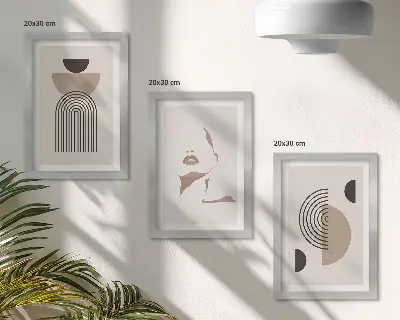 Abstrakčios geometrinės formos ir veido siluetas 3 paveikslų rinkinys su rėmais