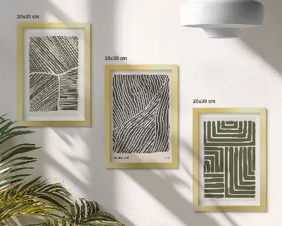 Žalios spalvos linijų ir formų raštai 3 paveikslų rinkinys su rėmais