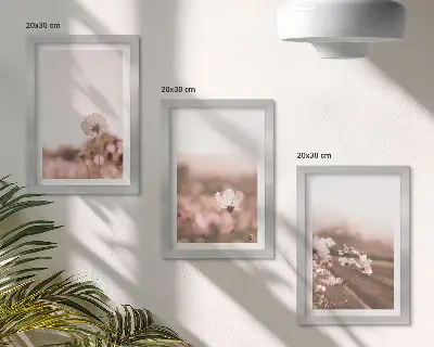 Įrėmintų paveikslų rinkinys laukinės gėlės pievose vasarą ir romantiški peizažai