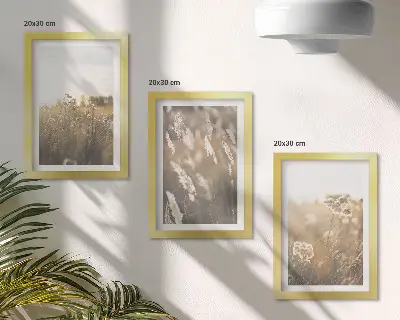 3 paveikslų rinkinys su rėmais peizažas su žolėmis ir gėlėmis šiltų atspalvių