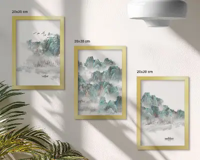 3 paveikslų rinkinys su rėmais kalnai debesyse su paukščiais ir valtimi ant vandens japonišku stiliumi