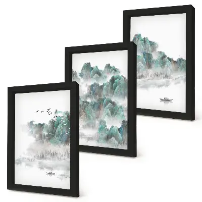 3 paveikslų rinkinys su rėmais kalnai debesyse su paukščiais ir valtimi ant vandens japonišku stiliumi