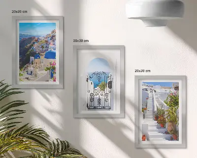 Įrėmintų paveikslų rinkinys su Santorinio vaizdais ir graikų architektūra Oijoje