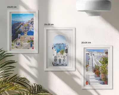 Įrėmintų paveikslų rinkinys su Santorinio vaizdais ir graikų architektūra Oijoje