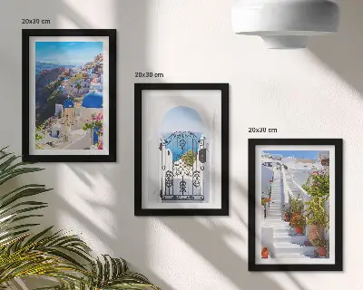 Įrėmintų paveikslų rinkinys su Santorinio vaizdais ir graikų architektūra Oijoje