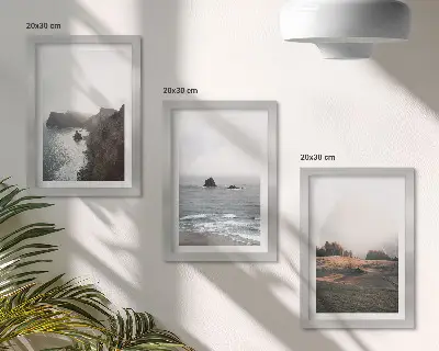 Įrėmintų paveikslų rinkinys su kalnų, jūros, debesų ir miškų peizažais