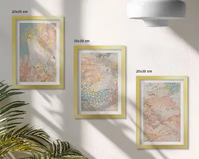 3 paveikslų rinkinys su rėmais abstrakčių pastelinių spalvų tekstūros raštų motyvais