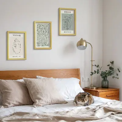 3 paveikslų rinkinys su rėmais minimalistinio stiliaus linijų ir augalų raštai