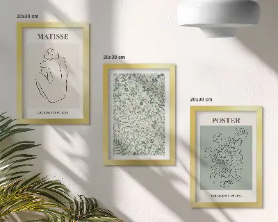 3 paveikslų rinkinys su rėmais minimalistinio stiliaus linijų ir augalų raštai