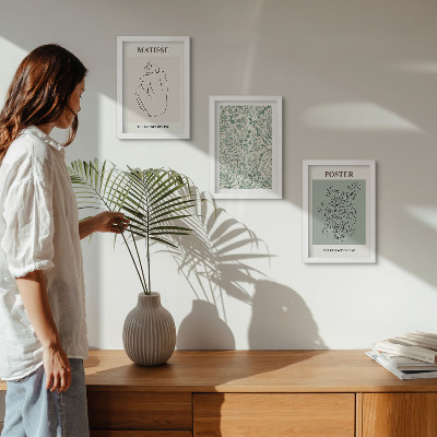 3 paveikslų rinkinys su rėmais Linijos ir augalų raštai minimalistiniu stiliumi