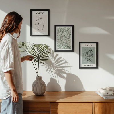 3 paveikslų rinkinys su rėmais Linijos ir augalų raštai minimalistiniu stiliumi