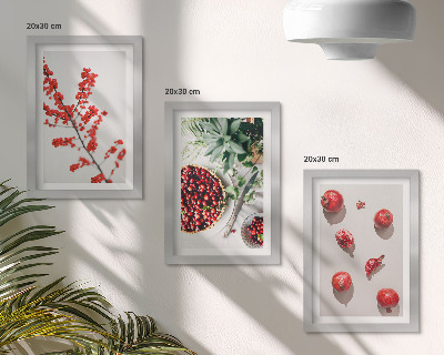 3 paveikslų rinkinys su rėmais Raudoni vaisiai ir augalai minimalistiniu stiliumi