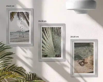 Įrėmintų paveikslų rinkinys palmių lapai ir sūpynės paplūdimyje