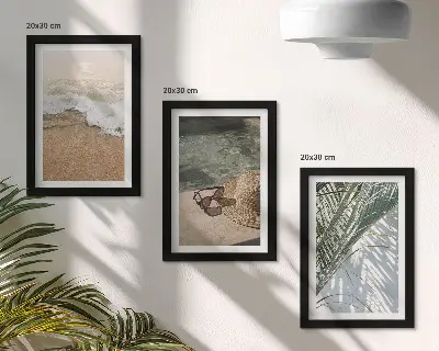 3 paveikslų rinkinys su rėmais vandens, paplūdimio skrybėlės ir akinių nuo saulės motyvai