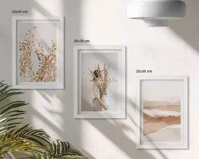 3 paveikslų rinkinys su rėmais augalų motyvų abstrakcijos kaimišku ir bohemišku stiliumi
