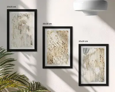 Įrėmintų paveikslų rinkinys abstrakčių smėlio ir pilkos spalvos raštų