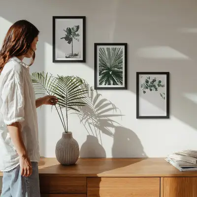 Žalieji augalai minimalistiniu stiliumi 3 paveikslų rinkinys su rėmais