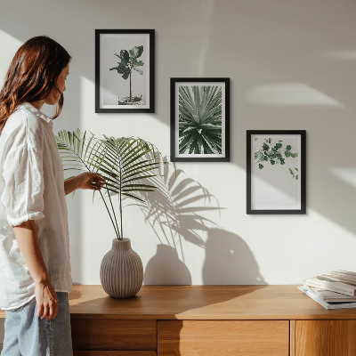 3 paveikslų rinkinys su rėmais Žalieji augalai minimalistiniu stiliumi