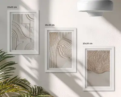 Įrėmintų paveikslų rinkinys abstrakčių smėlio ir baltos spalvos raštų